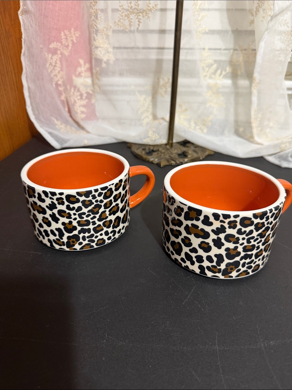Potter’s Studio set of 2 ceramic leopard print with orange mugs
